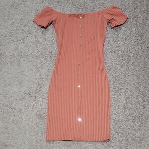 Say What? Off-Shoulder Ribbed Midi Dress in Rust